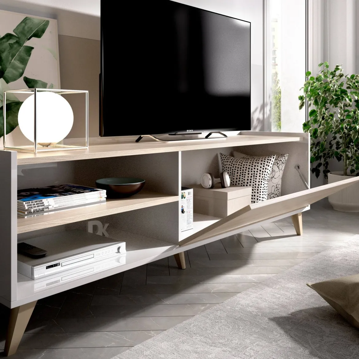 Mobile TV rovere e bianco 155x43x47h cm modulabile - Allesia
