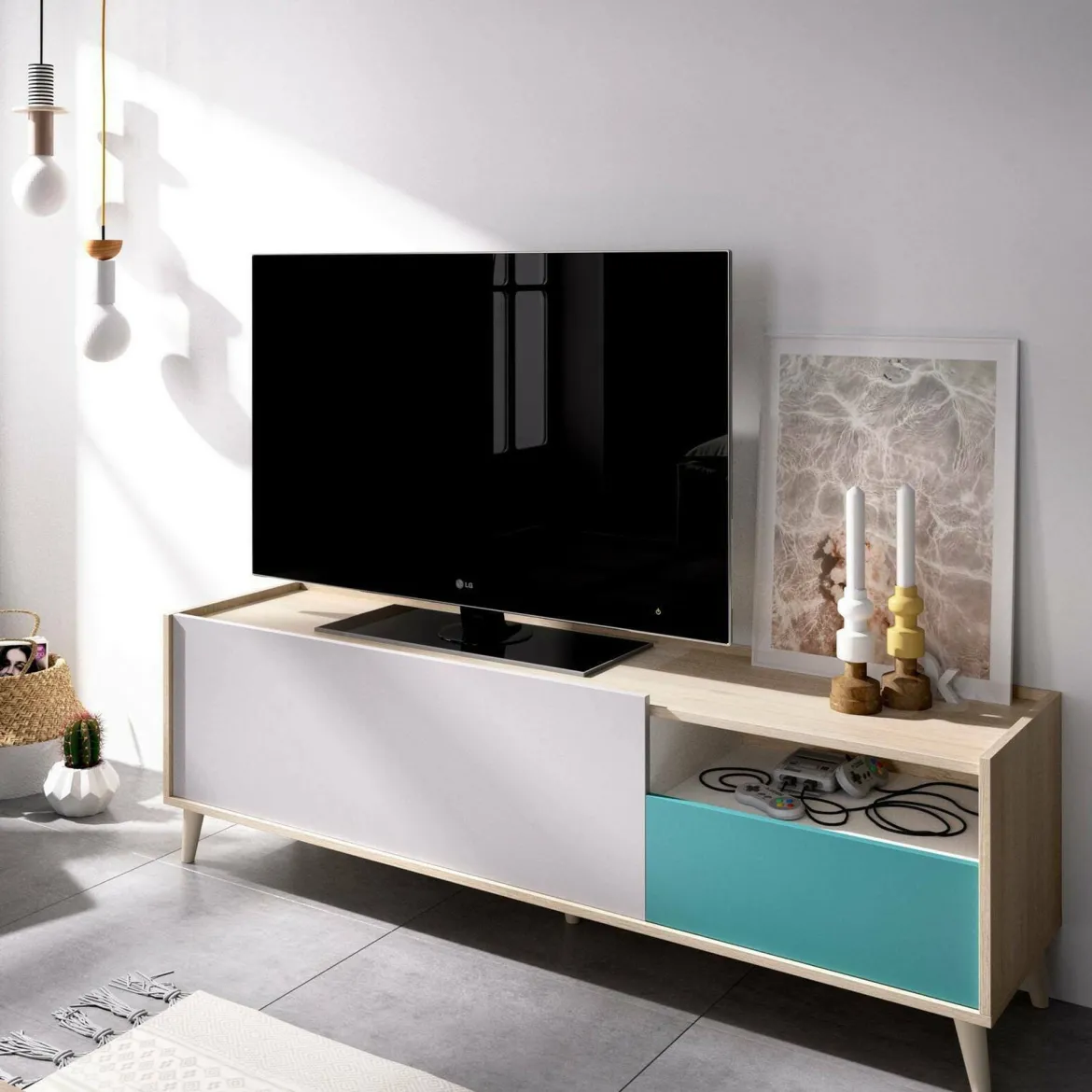 Mobile TV rovere e grigio 155x43x47h cm modulabile con 1 cassetto - Axterix