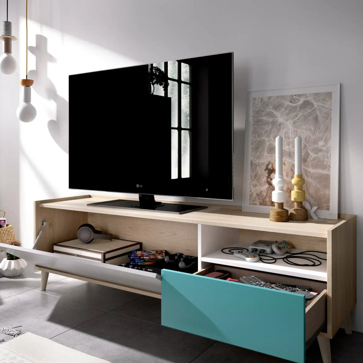 Mobile TV rovere e grigio 155x43x47h cm modulabile con 1 cassetto - Axterix