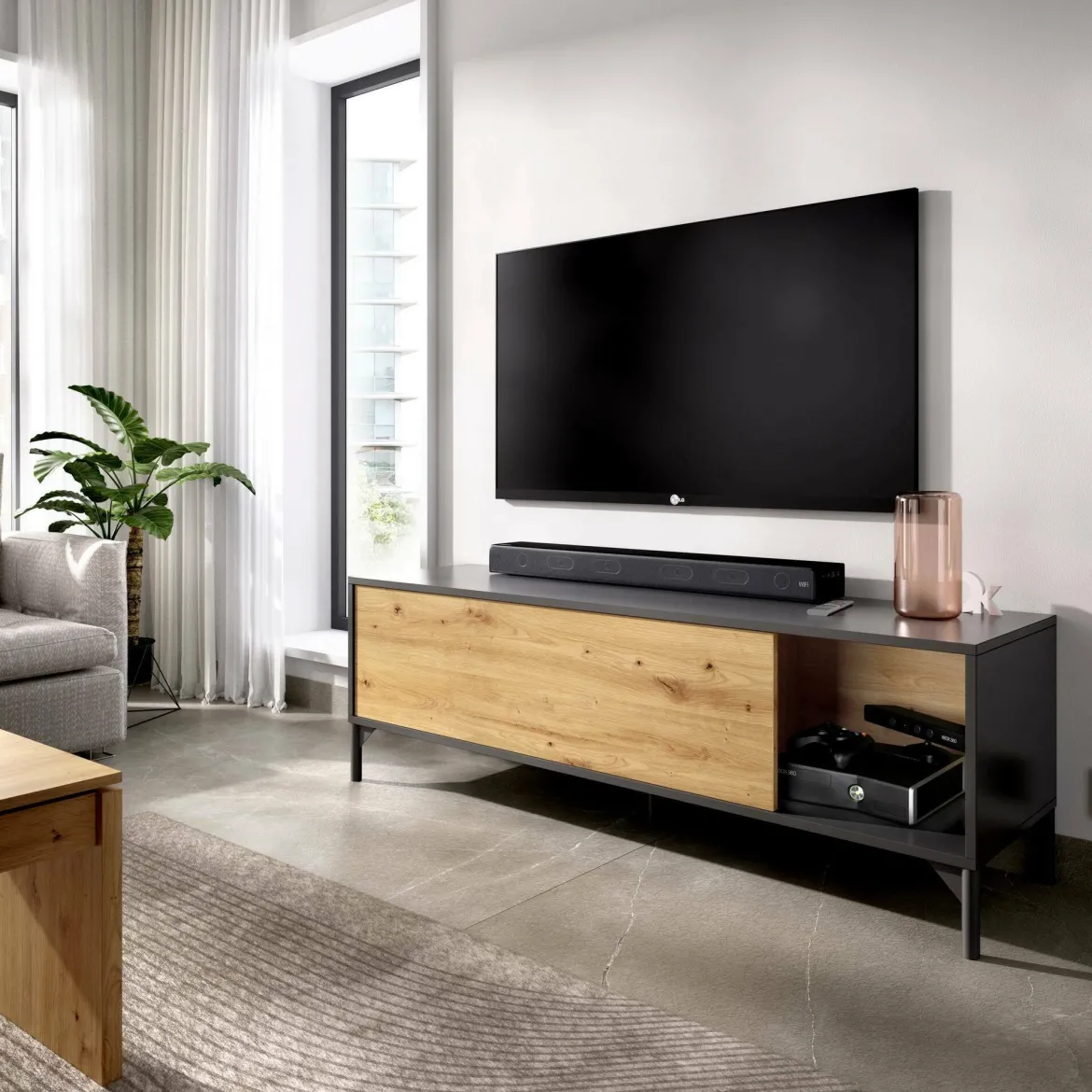 Mobile TV rovere nodi e antracite 132x38x44h cm modulabile - Porcia