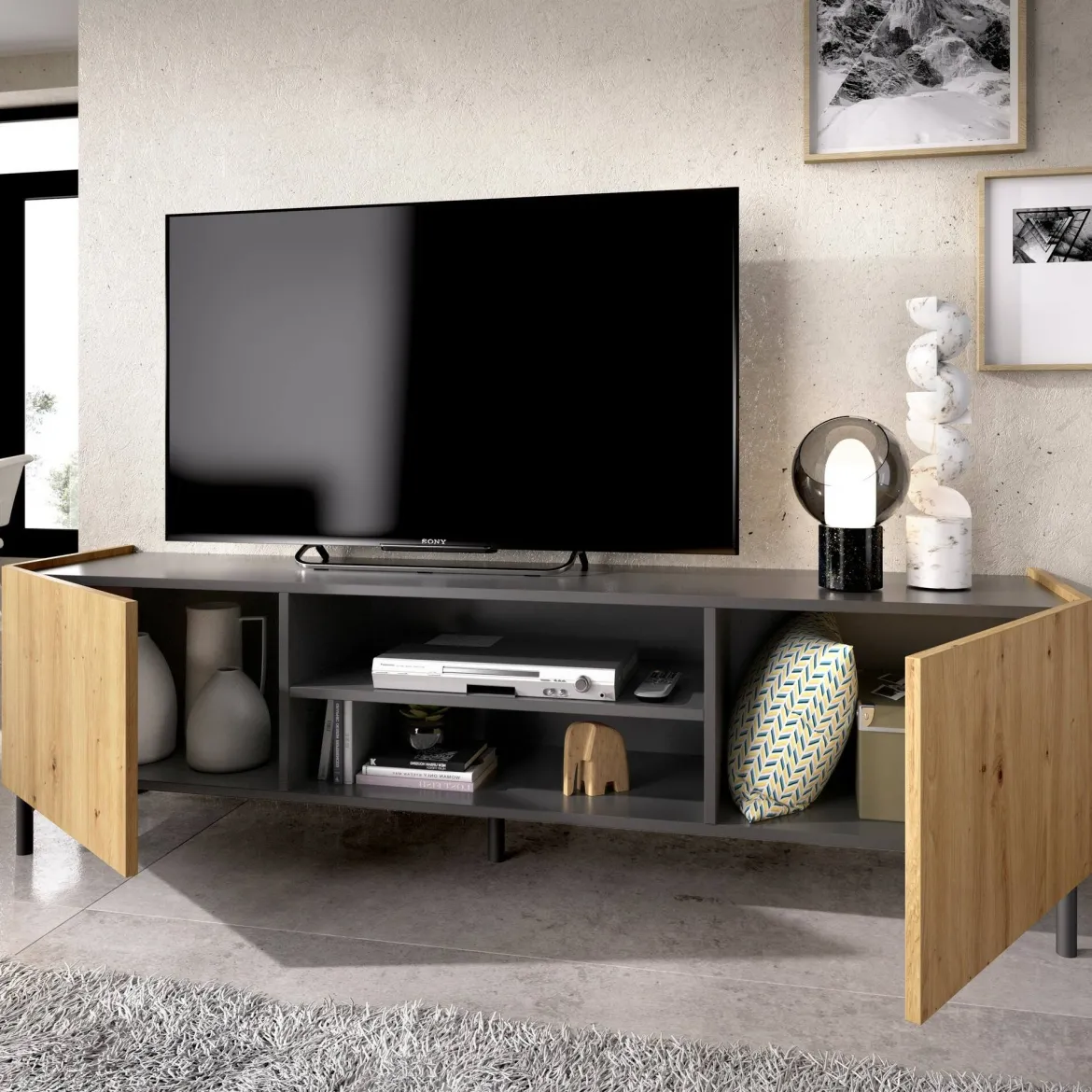 Mobile TV rovere nodi e antracite 161x35x45h cm 2 ante - Arya