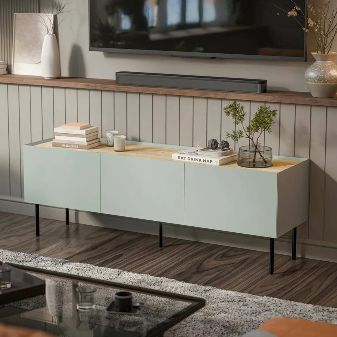 Mobile TV verde e rovere 200x40x52h cm 4 ante - Scopa