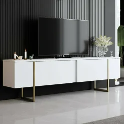 Mobile TV 180x30x50h cm Bianco e Oro con 2 Ante e Ripiano, Mobile Basso Salvaspazio in Legno e Metallo per Soggiorno Moderno – Abishia