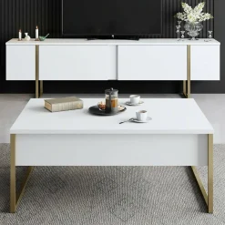 Mobile TV 180x30x50h cm Bianco e Oro con 2 Ante e Ripiano, Mobile Basso Salvaspazio in Legno e Metallo per Soggiorno Moderno – Abishia