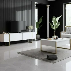 Mobile TV 180x30x50h cm Bianco e Oro con 2 Ante e Ripiano, Mobile Basso Salvaspazio in Legno e Metallo per Soggiorno Moderno – Abishia
