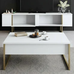 Mobile TV 180x30x50h cm Bianco e Oro con 2 Ante e Ripiano, Mobile Basso Salvaspazio in Legno e Metallo per Soggiorno Moderno – Abishia