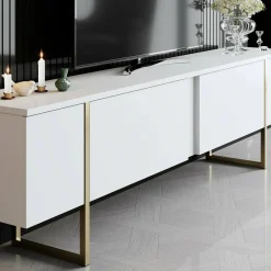 Mobile TV 180x30x50h cm Bianco e Oro con 2 Ante e Ripiano, Mobile Basso Salvaspazio in Legno e Metallo per Soggiorno Moderno – Abishia