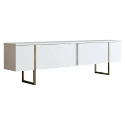 Mobile TV 180x30x50h cm Bianco e Oro con 2 Ante e Ripiano, Mobile Basso Salvaspazio in Legno e Metallo per Soggiorno Moderno – Abishia