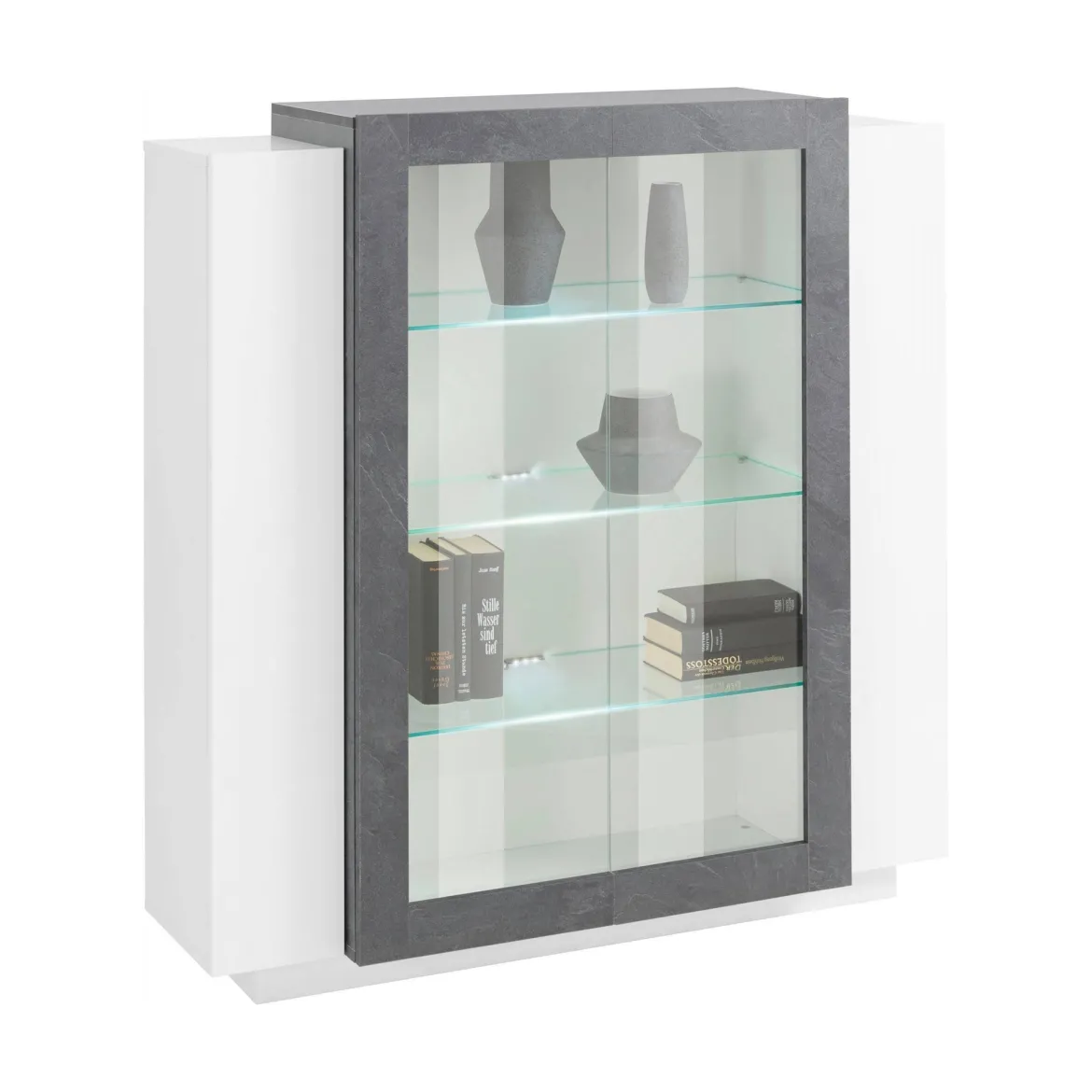 Mobile vetrina 2 ante 120x45x115h cm bianco lucido e ardesia - Austino