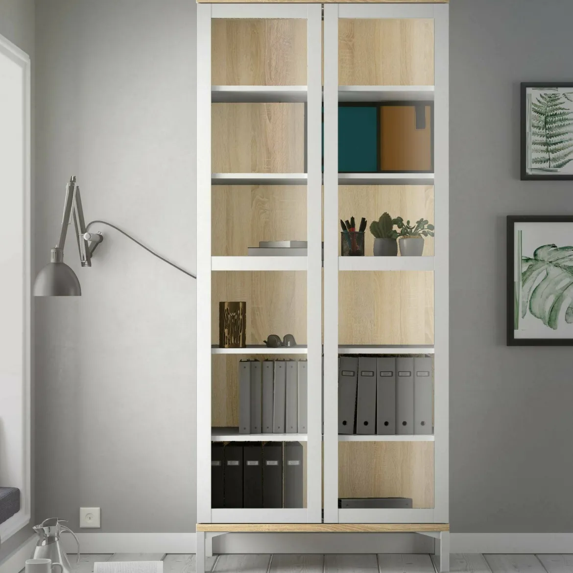 Mobile vetrina 2 ante 88x36x202h cm bianco e quercia - Hudhud