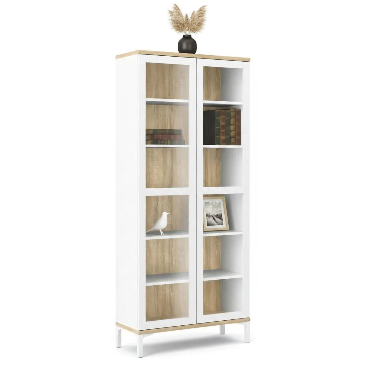Mobile vetrina 2 ante 88x36x202h cm bianco e quercia - Hudhud