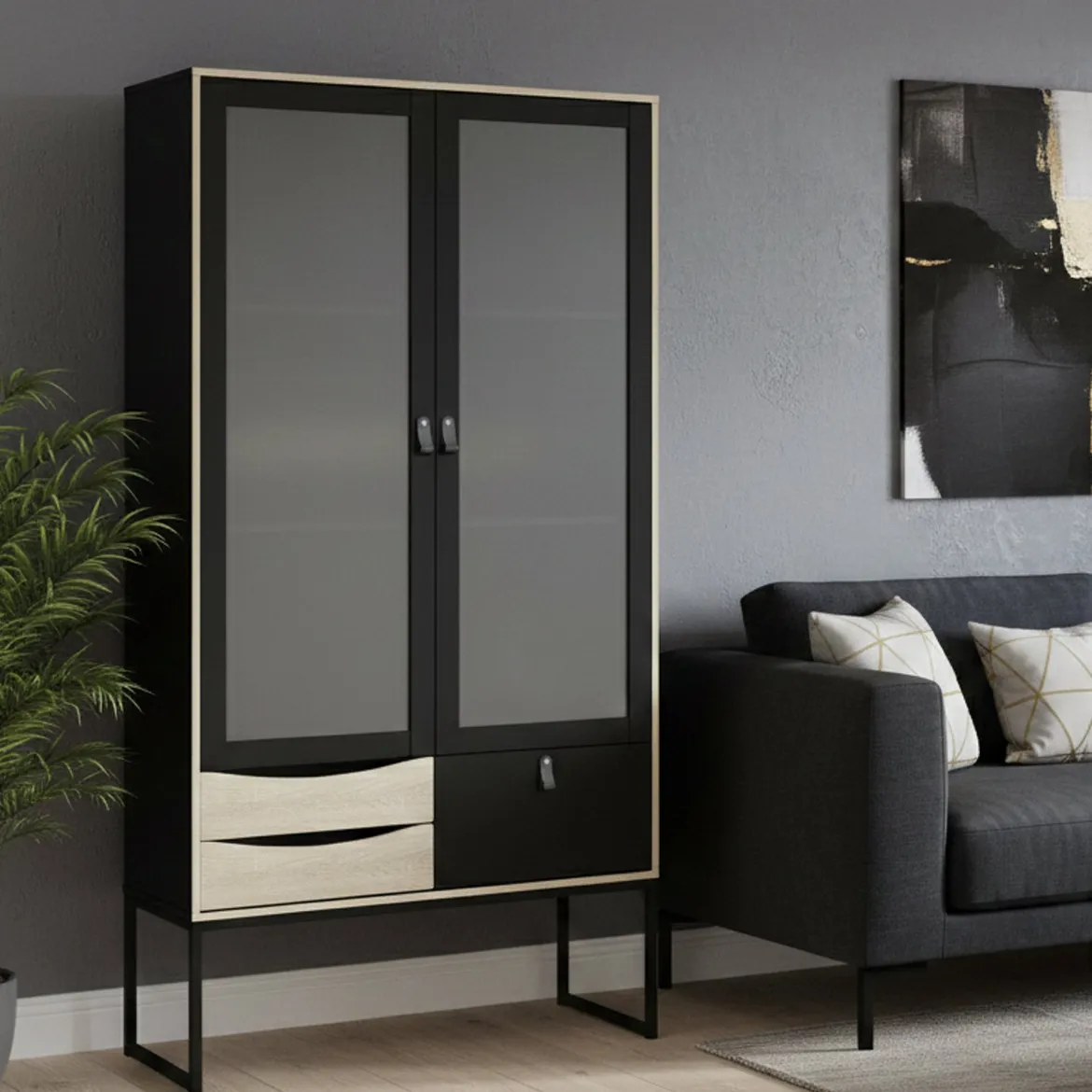Mobile vetrina industrial 2 ante 98x40x189h cm nero e quercia - Barbata