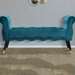 Panca blu Ottanio Nero in Velluto, con Braccioli e Dettagli Dorati Materiale Struttura in Tessuto 120x40x60h cm, Colore Seduta blu - Humahu