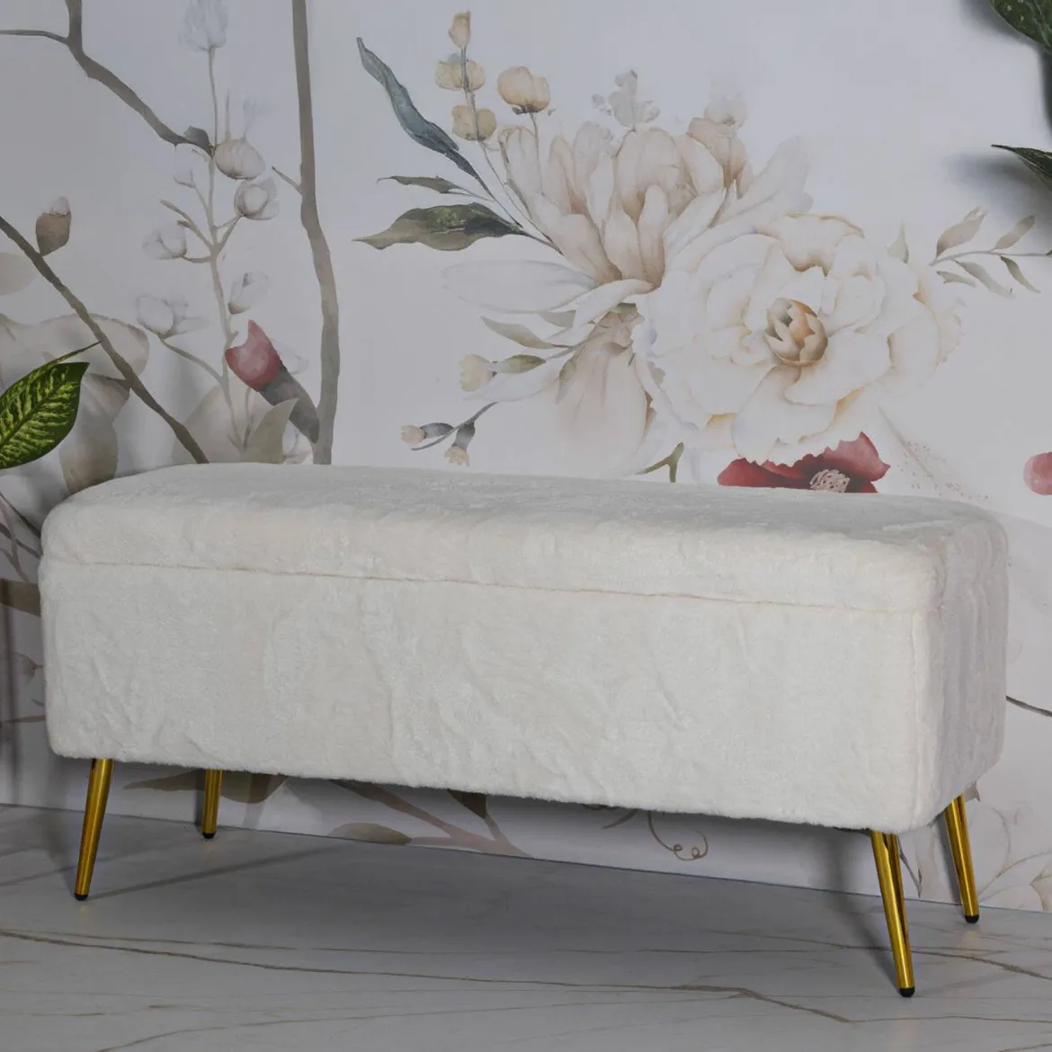 Panca contenitore rivestita bianca e oro 112x42x50h cm - Aiano