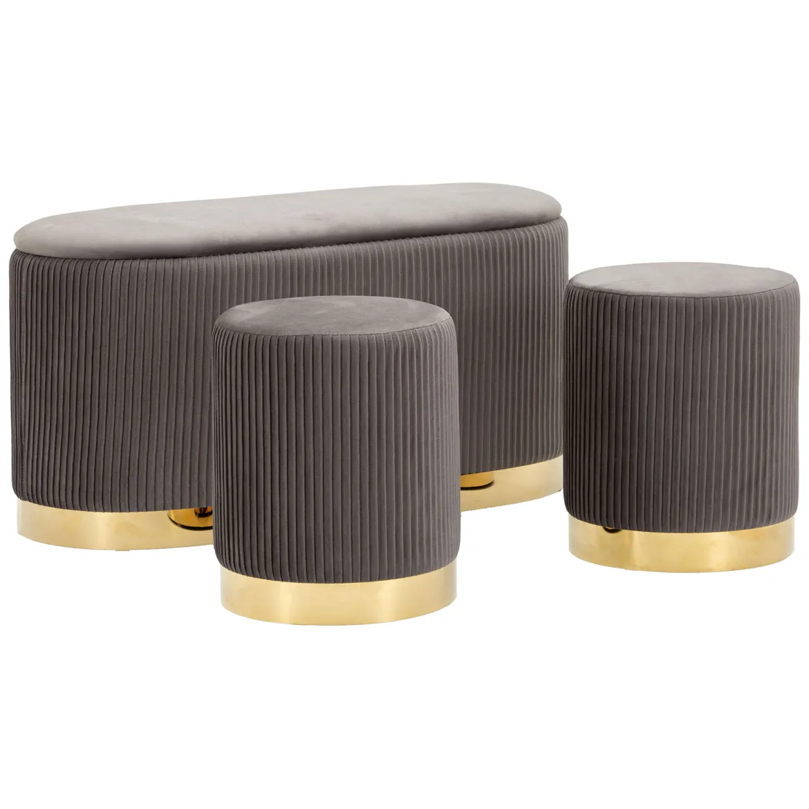 Panca Grigio Scuro oro con due Sgabelli, Panca Contenitore Materiale Struttura in Metallo 80x37x42h cm, Colore Seduta Grigio - Soroti