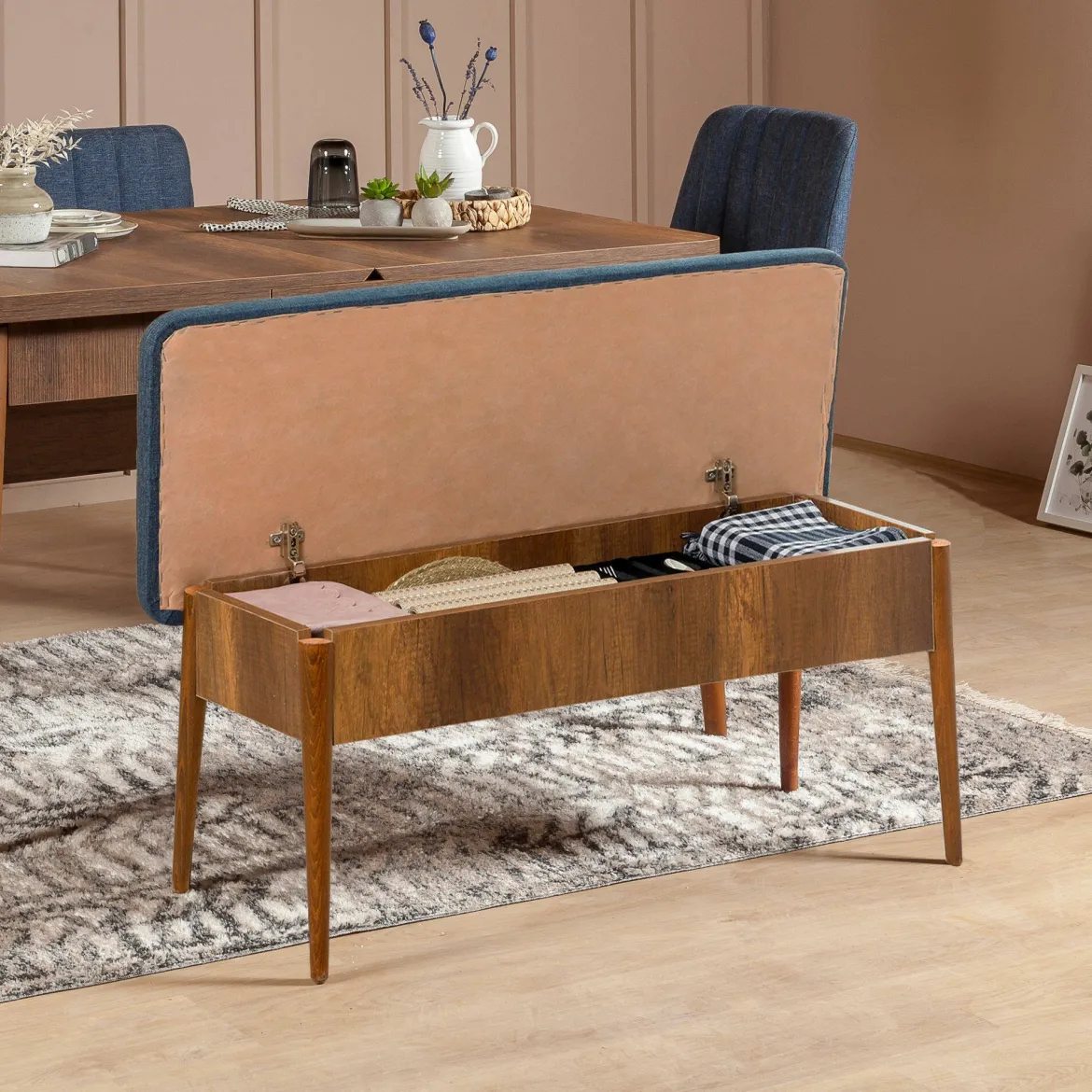Panca Marrone Noce blu Peso Supportato 130 kg Colore Struttura blu 110x40x48h cm, Altezza Seduta 48 cm - Arielli