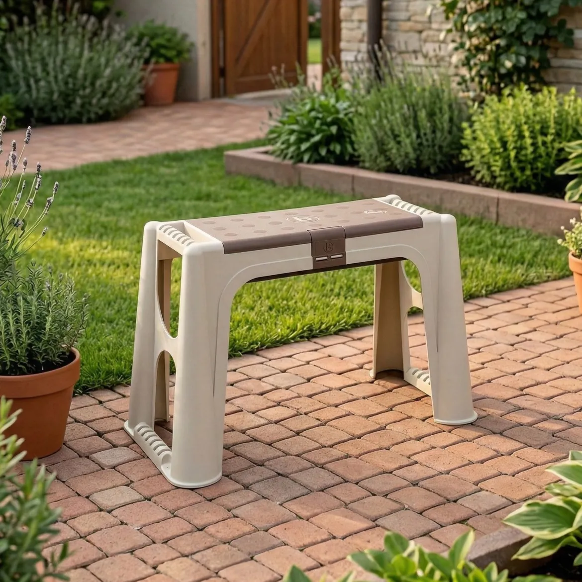 Panchina da esterno Barry, 58x29h37 cm, Beige e Marrone