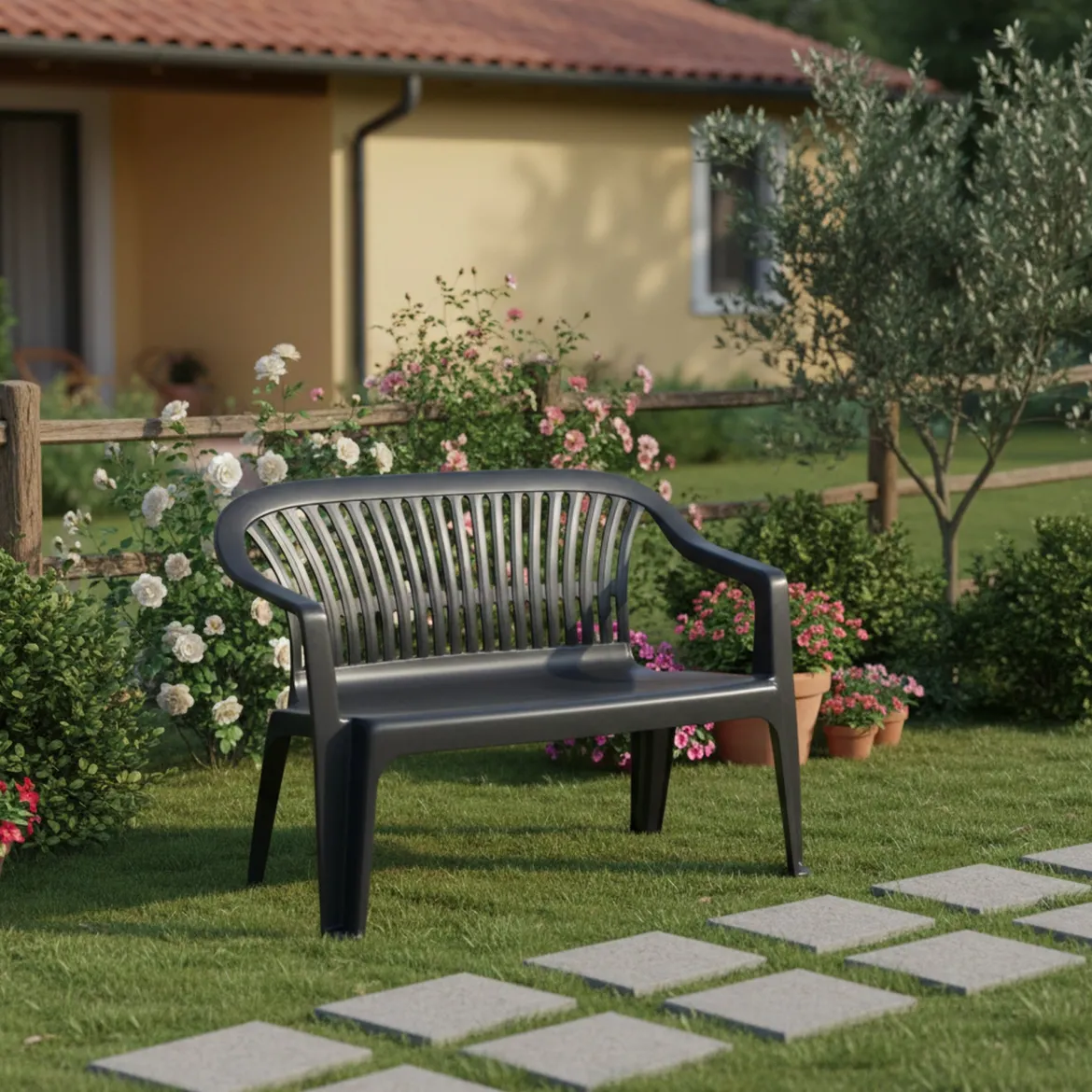 Panchina da Esterno Nero Antracite 2 Posti Impilabile 114x55x82h cm, Braccioli Made in Italy - Asmi