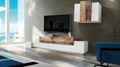 Parete attrezzata Alaskino, cm 240x45h180, Bianco lucido e Acero