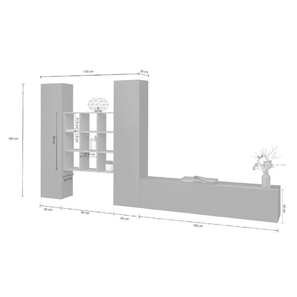 Parete attrezzata 3 ante 270cm antracite e acero - Genoveffa