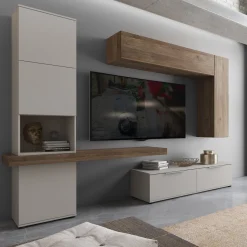 Parete Attrezzata Beige Marrone Rovere Modulabile Apertura Standard, set Componibile Made in Italy - Pollina