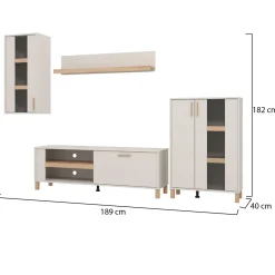 Parete Attrezzata Bianco Crema Marrone Rovere Nodi 5 Ripiani un Cassetto 234x40x178h cm, Modulabile - Alunzio