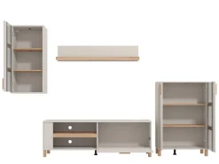 Parete Attrezzata Bianco Crema Marrone Rovere Nodi 5 Ripiani un Cassetto 234x40x178h cm, Modulabile - Alunzio