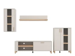 Parete Attrezzata Bianco Crema Marrone Rovere Nodi 5 Ripiani un Cassetto 234x40x178h cm, Modulabile - Alunzio
