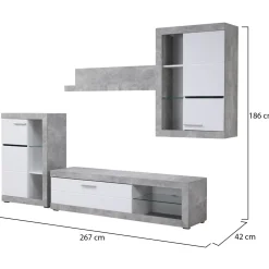 Parete Attrezzata Bianco Grigio Cemento 10 Ripiani 3 Ante 266.5x41.5x186h cm, Ripiani in Vetro - Dongo
