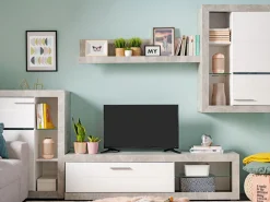 Parete Attrezzata Bianco Grigio Cemento 10 Ripiani 3 Ante 266.5x41.5x186h cm, Ripiani in Vetro - Dongo