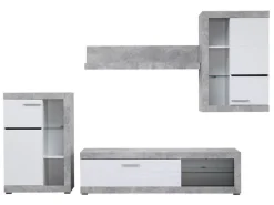 Parete Attrezzata Bianco Grigio Cemento 10 Ripiani 3 Ante 266.5x41.5x186h cm, Ripiani in Vetro - Dongo