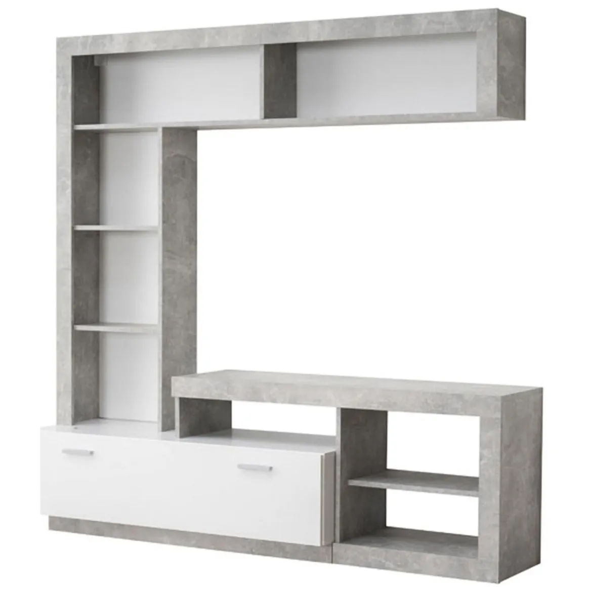 Parete Attrezzata Bianco Grigio Cemento 7 Ripiani 10 Vani 170.5x41.5x170.5h cm, Un'anta - Moggio