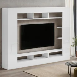Parete Attrezzata Bianco Lucido Grigio Ardesia Modulabile 7 Ripiani, 14 Vani Made in Italy - Maja