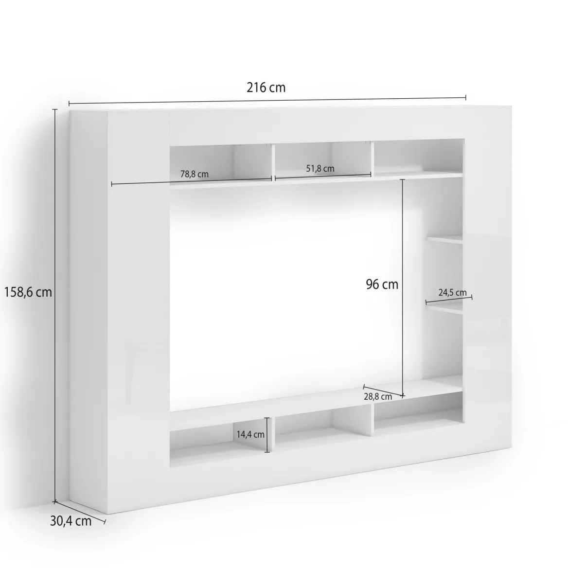 Parete Attrezzata Bianco Lucido Grigio Ardesia Modulabile 7 Ripiani, 14 Vani Made in Italy - Maja