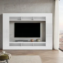 Parete Attrezzata Bianco Lucido Grigio Ardesia Modulabile 7 Ripiani, 14 Vani Made in Italy - Maja