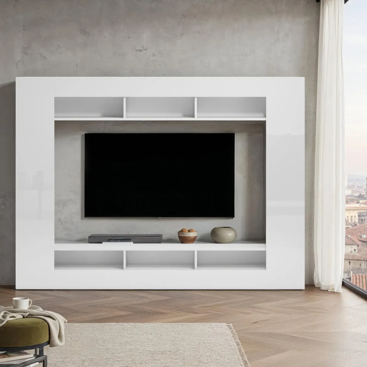 Parete Attrezzata Bianco Lucido Grigio Ardesia Modulabile 7 Ripiani, 14 Vani Made in Italy - Maja