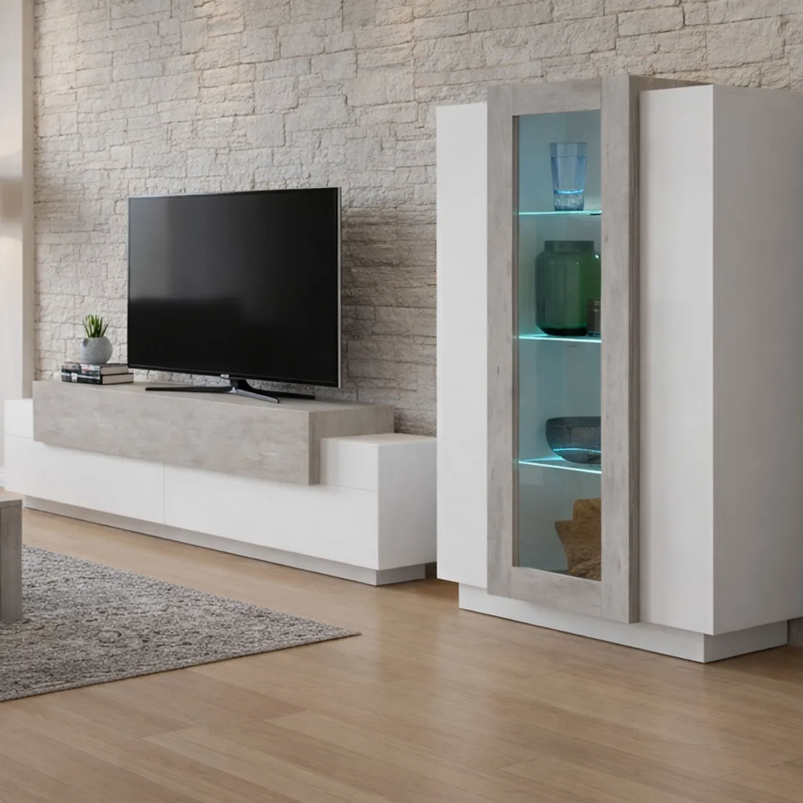 Parete Attrezzata Bianco Lucido Marrone Pero Modulabile 7 Ripiani, 14 Vani Made in Italy - Maja