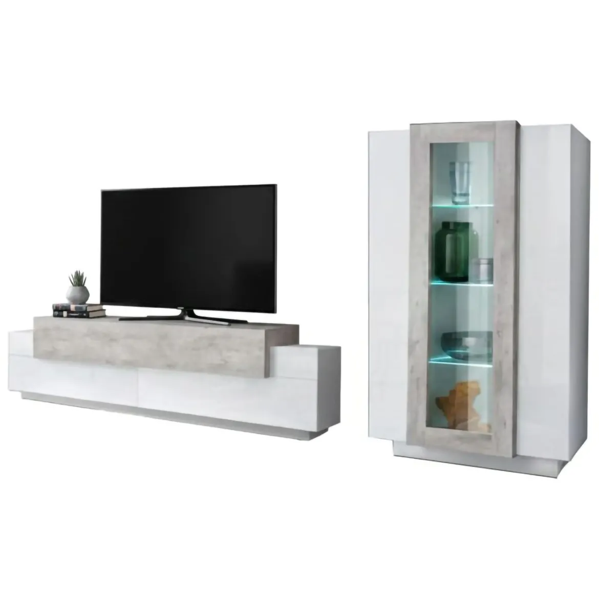 Parete Attrezzata Bianco Lucido Marrone Pero Modulabile 7 Ripiani, 14 Vani Made in Italy - Maja