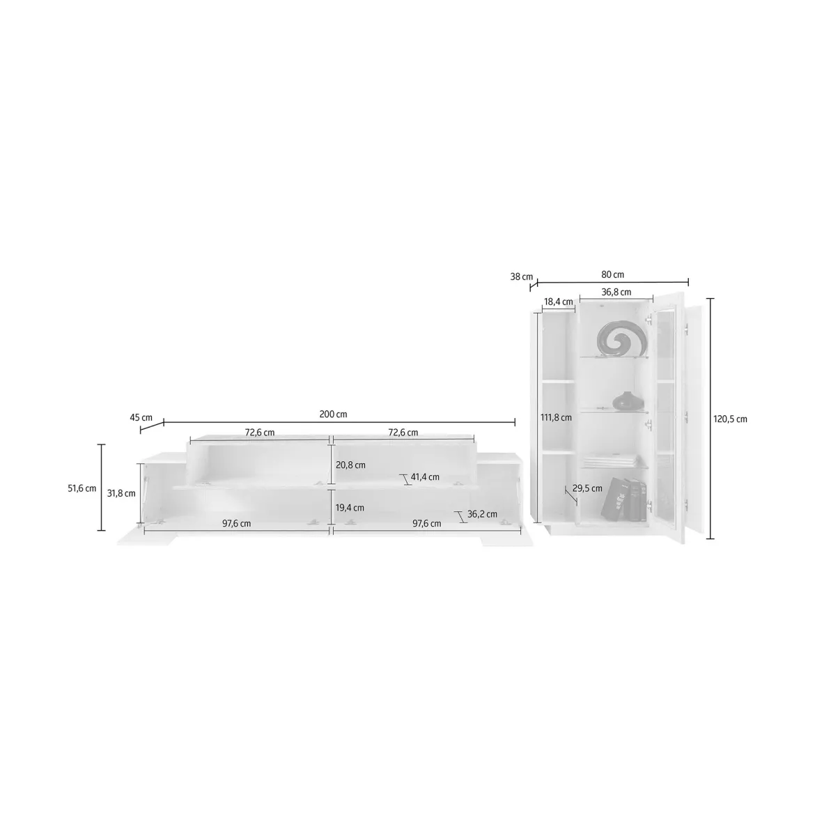 Parete Attrezzata Bianco Lucido Marrone Pero Modulabile 7 Ripiani, 14 Vani Made in Italy - Maja