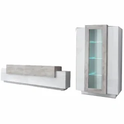 Parete Attrezzata Bianco Lucido Marrone Pero Modulabile 7 Ripiani, 14 Vani Made in Italy - Maja
