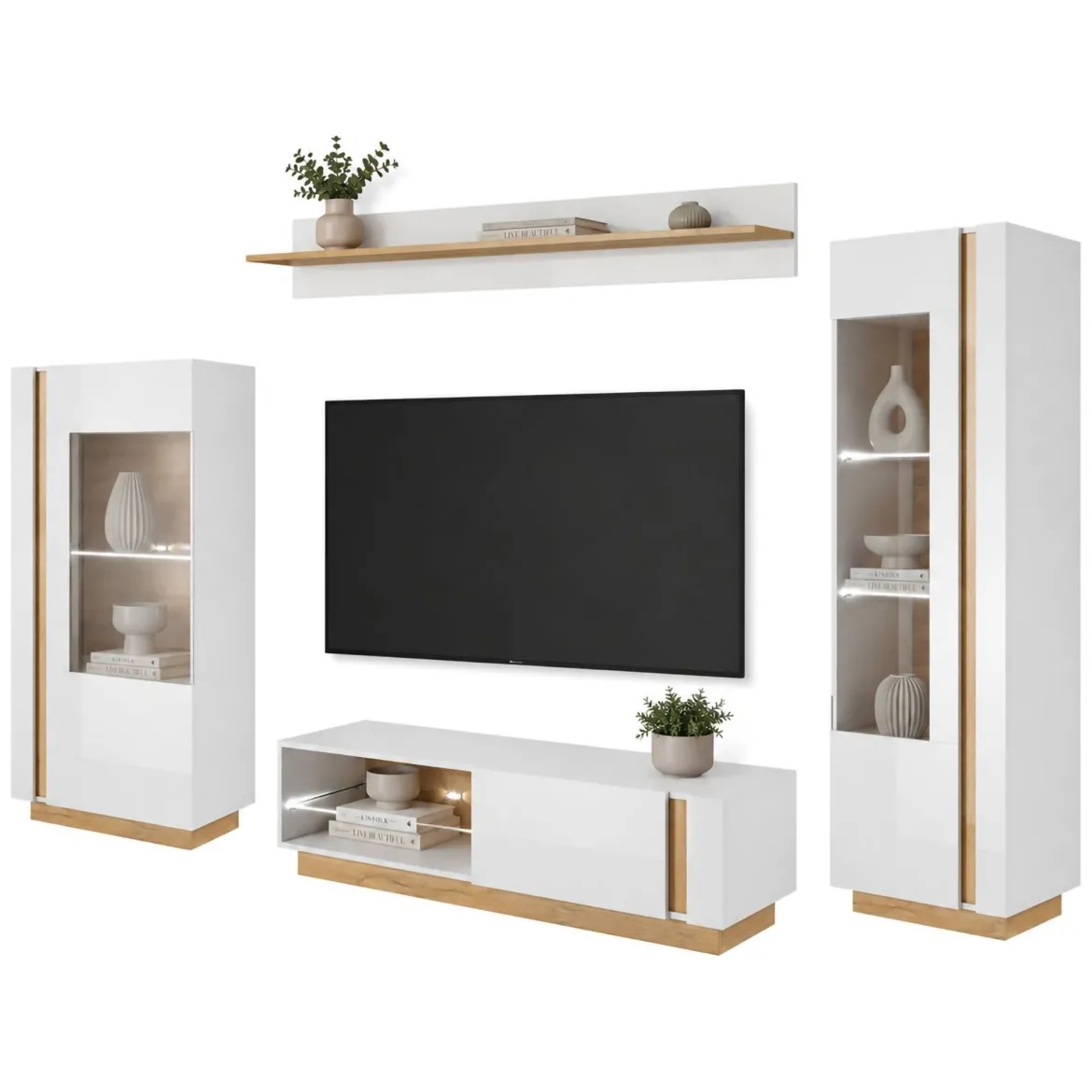Parete Attrezzata Bianco Lucido Marrone Rovere Modulabile 8 Ripiani, 11 Vani - Kanazala