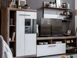 Parete Attrezzata Bianco Marrone Rovere Grigio 10 Ripiani 3 Ante 266.5x41.5x186h cm, Ripiani in Vetro - Dongo