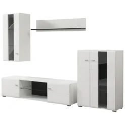 Parete Attrezzata Bianco Opaco Nero Modulabile 7 Ripiani 264x41.5x182h cm, 4 Ante - Ozzero