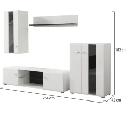Parete Attrezzata Bianco Opaco Nero Modulabile 7 Ripiani 264x41.5x182h cm, 4 Ante - Ozzero