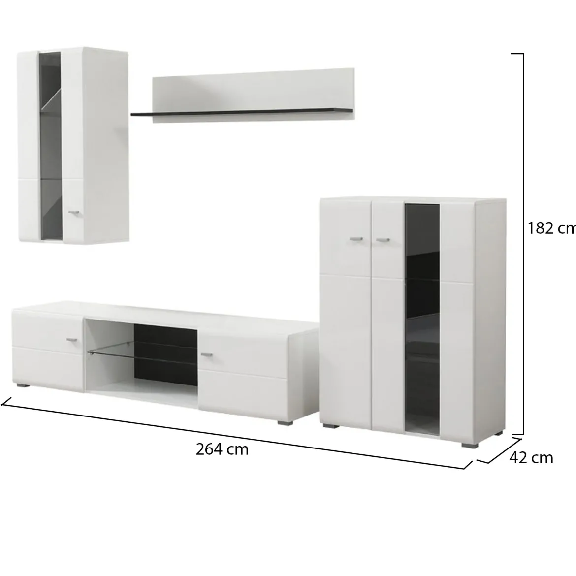 Parete Attrezzata Bianco Opaco Nero Modulabile 7 Ripiani 264x41.5x182h cm, 4 Ante - Ozzero