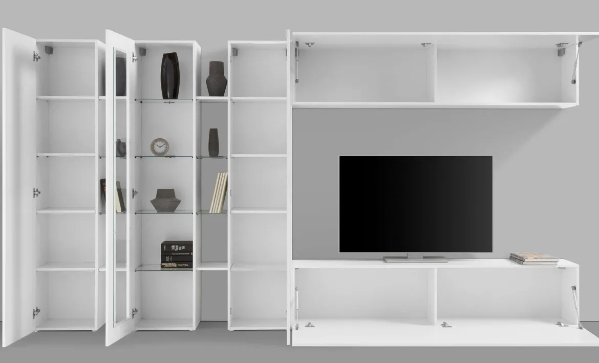 Parete Attrezzata Bianco 20 Ripiani Modulabile 320x30x180h cm, 19 Vani - Bellino
