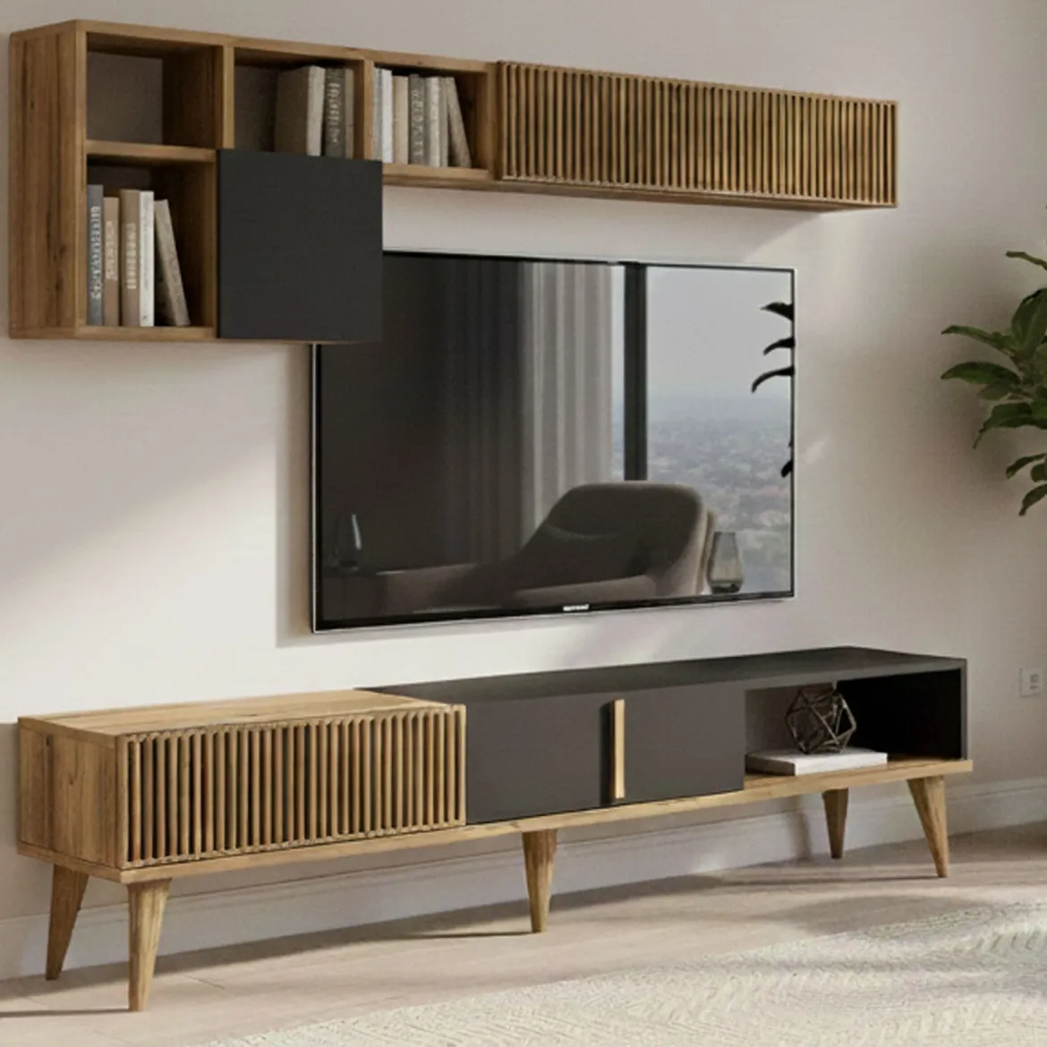 Parete attrezzata design 180cm noce e antracite - Ostro