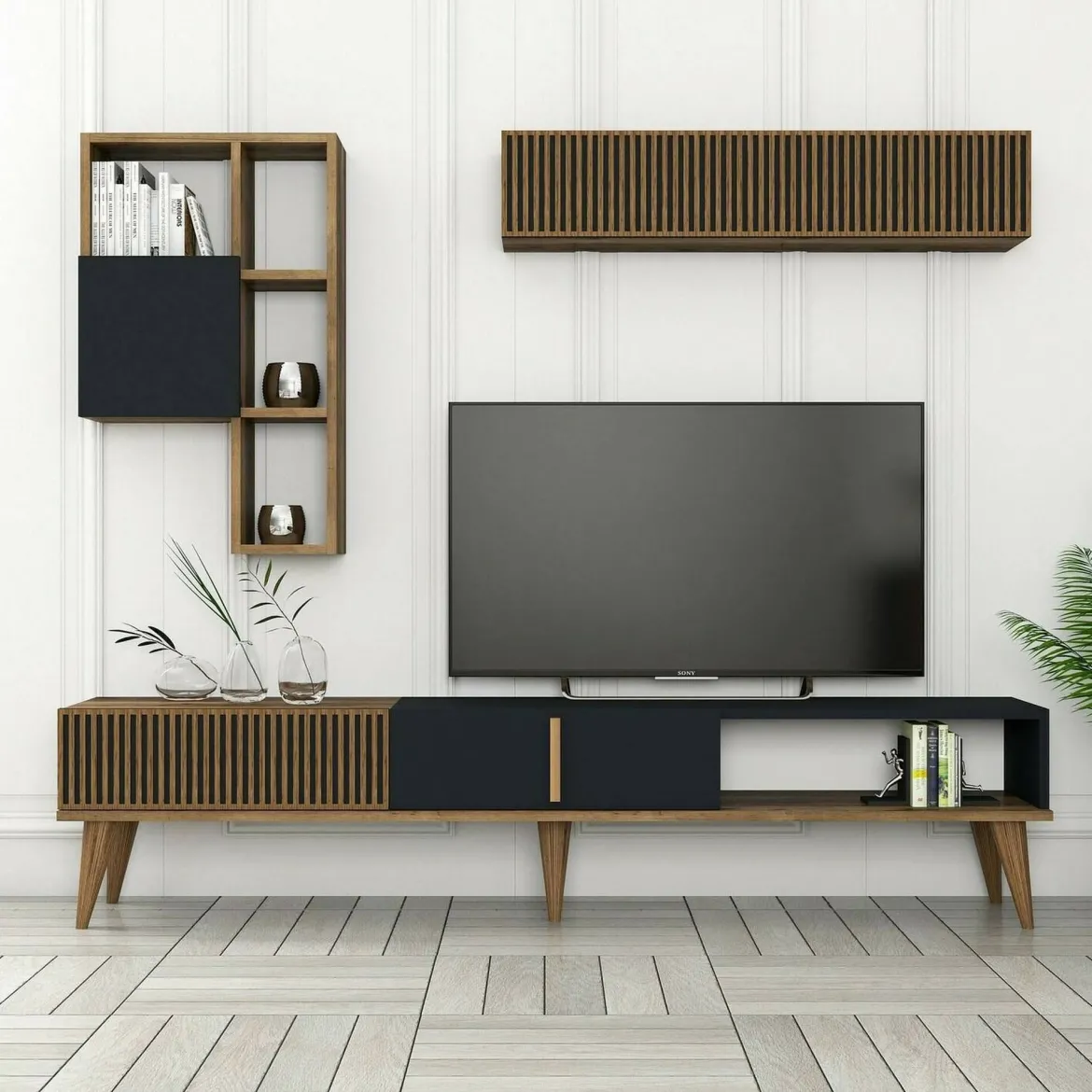 Parete attrezzata design 180cm noce e antracite - Ostro