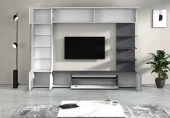 Parete Attrezzata Grigio Ardesia Bianco Lucido 8 Ripiani 5 Ante 245x40x191.2h cm, Apertura Battente - Galatina