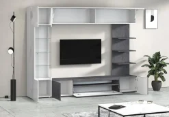 Parete Attrezzata Grigio Ardesia Bianco Lucido 8 Ripiani 5 Ante 245x40x191.2h cm, Apertura Battente - Galatina